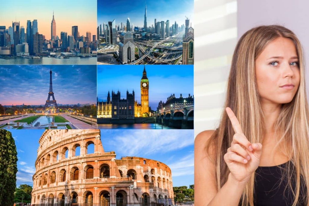 Montages de cinq grandes villes avec une femme montrant un geste de refus.