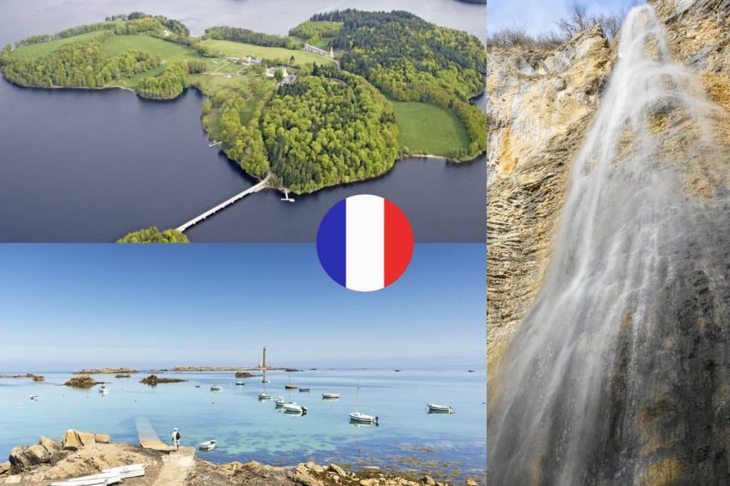 Montage de paysages avec une île verdoyante, des bateaux sur la mer et une cascade en France.