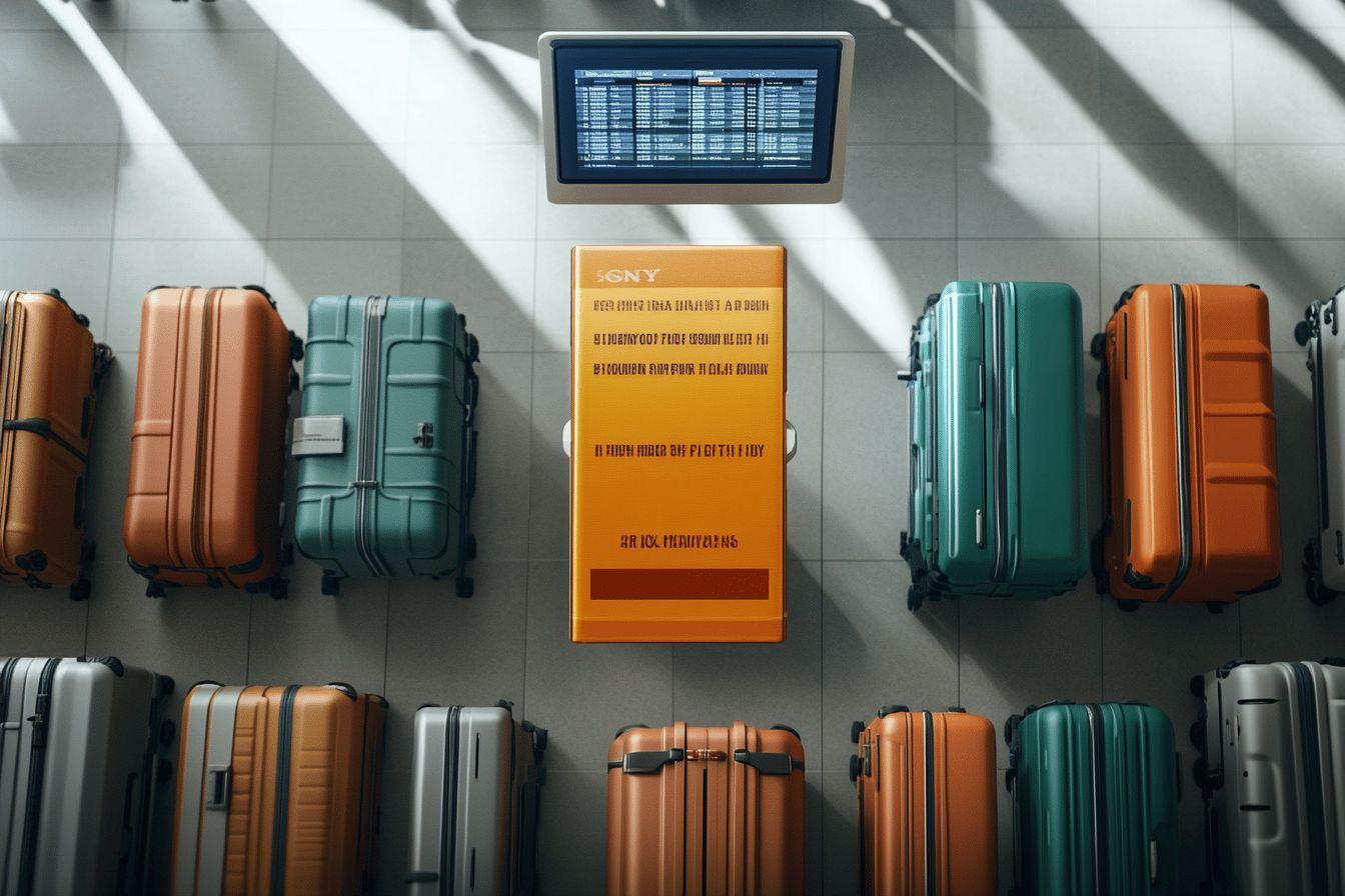 Valises colorées alignées sous un panneau d'affichage des vols