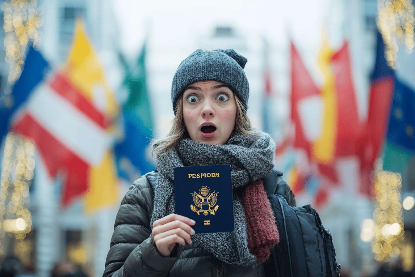 Jeune femme étonnée tenant un passeport dans un environnement multiculturel