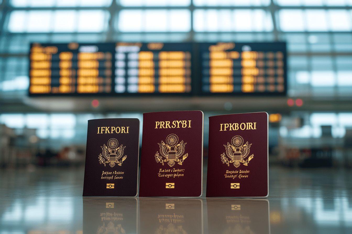 Trois passeports US sur un comptoir d'aéroport avec tableau d'affichage