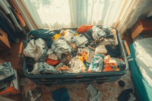 Vêtements froissés entassés dans une valise ouverte