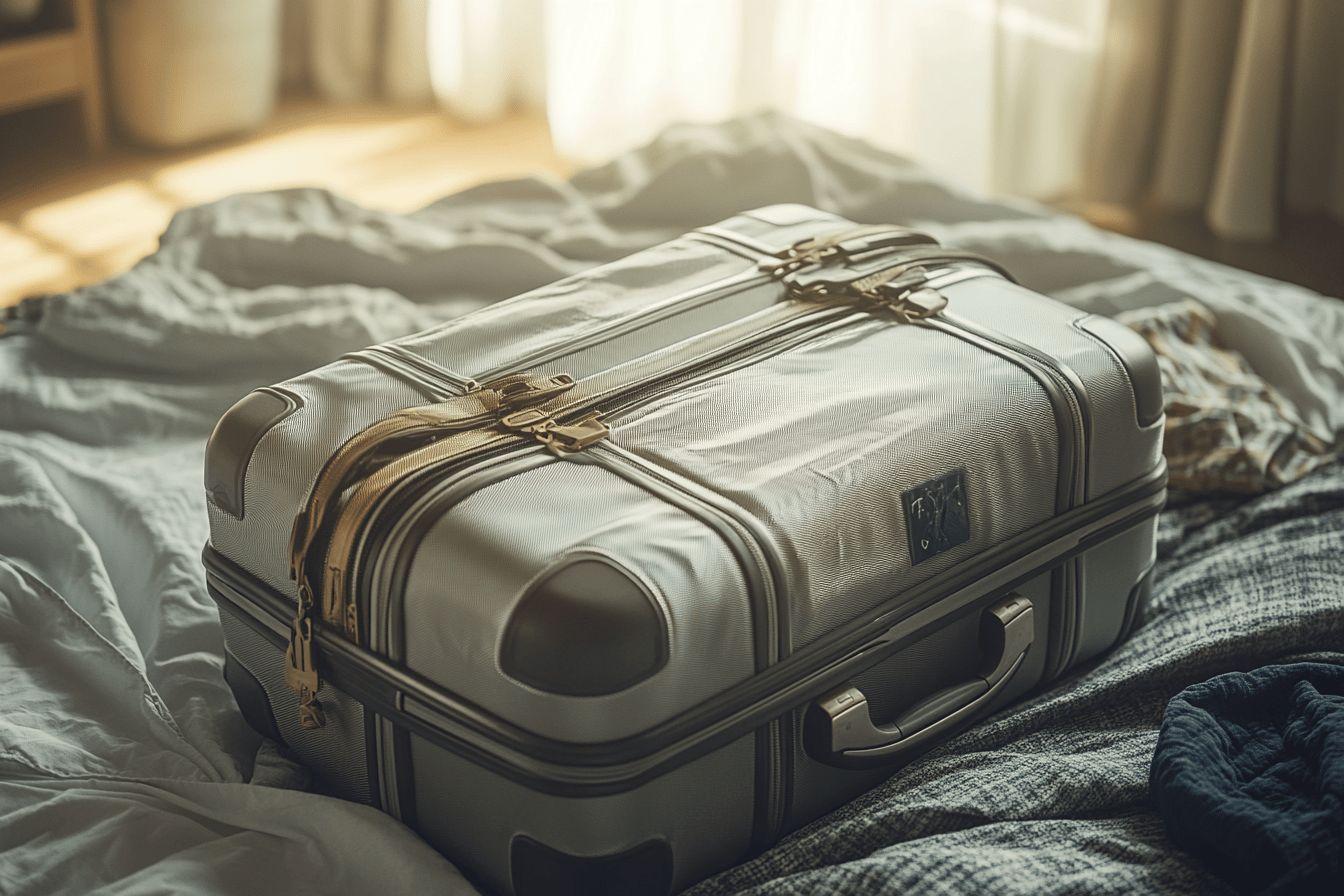 Bagage gris moderne avec sangles dorées sur couverture