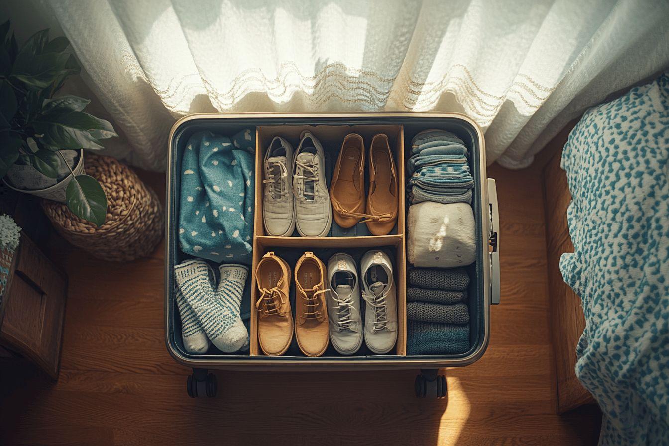 Valise ouverte avec chaussures et vêtements soigneusement rangés
