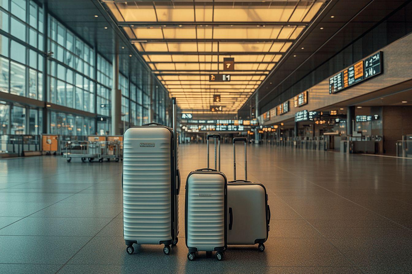 Trois valises gris bleuté dans un hall d'aéroport lumineux