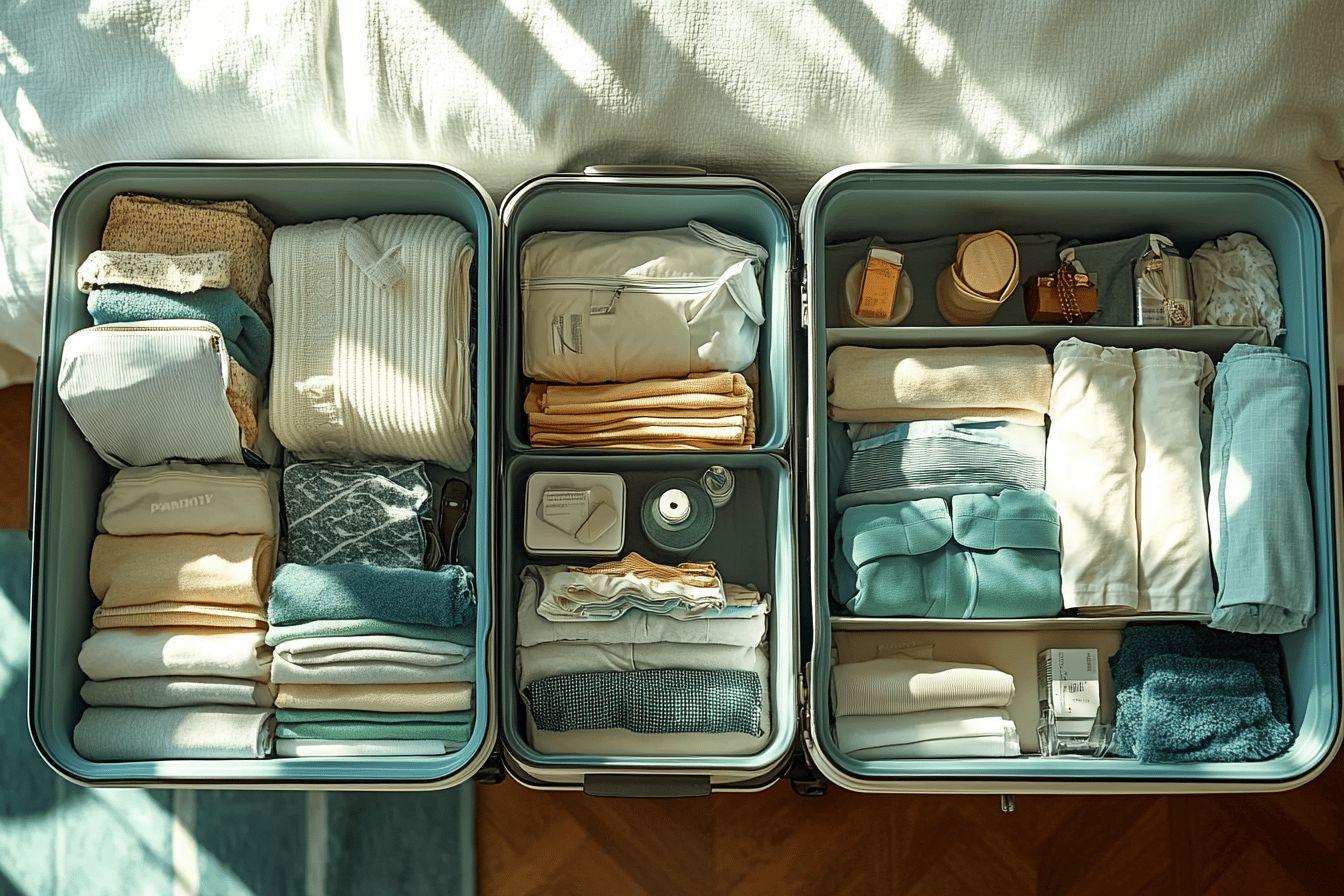 Trois valises ouvertes avec vêtements pliés et organisés méticuleusement