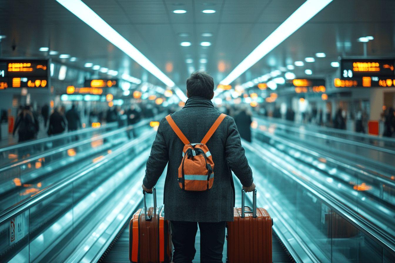 Dos d'un voyageur avec valises sur tapis roulant