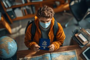 Étudiant avec masque tenant un passeport américain près d'une carte
