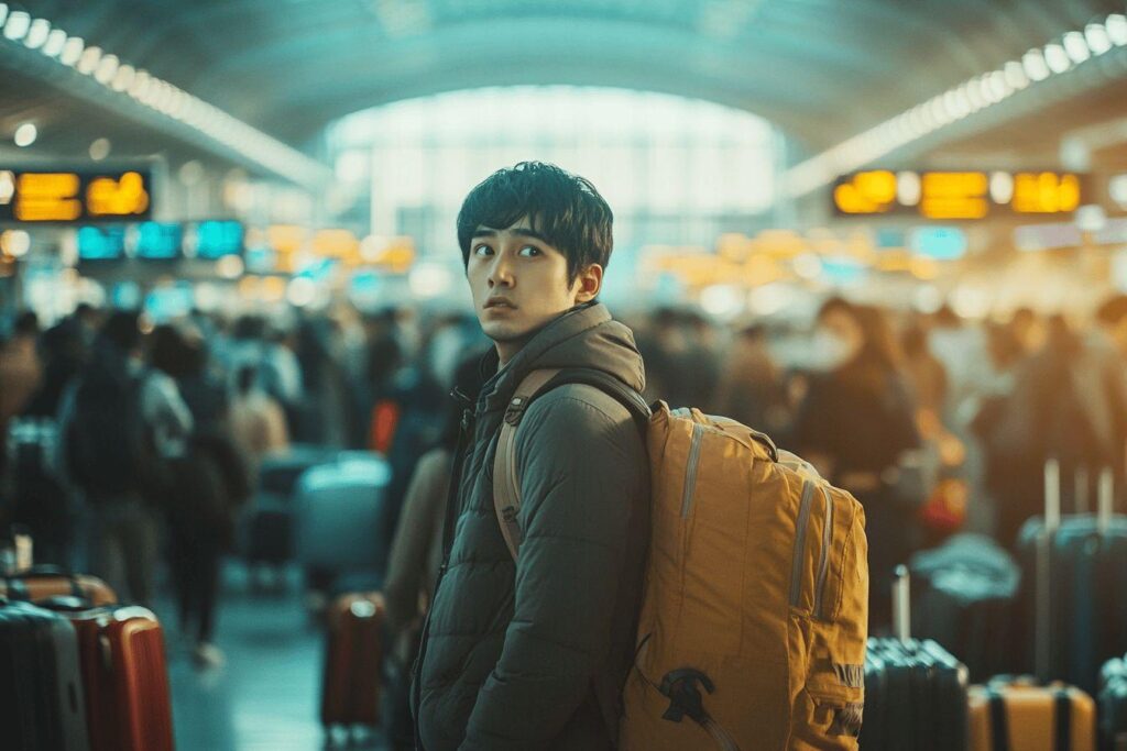 Jeune homme avec sac à dos au milieu d'une foule d'aéroport