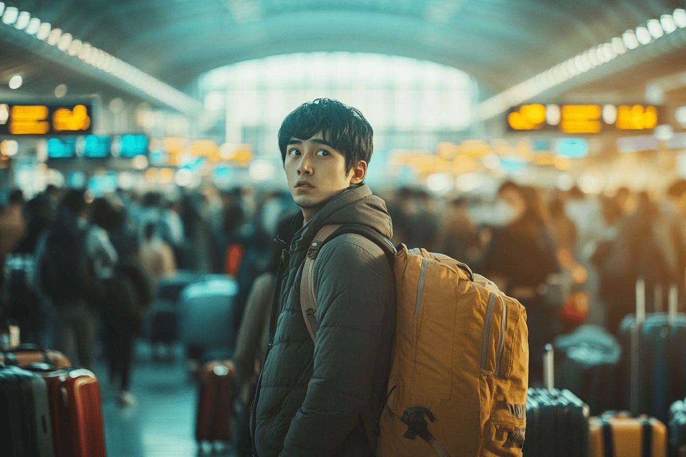 Jeune homme avec sac à dos au milieu d'une foule d'aéroport