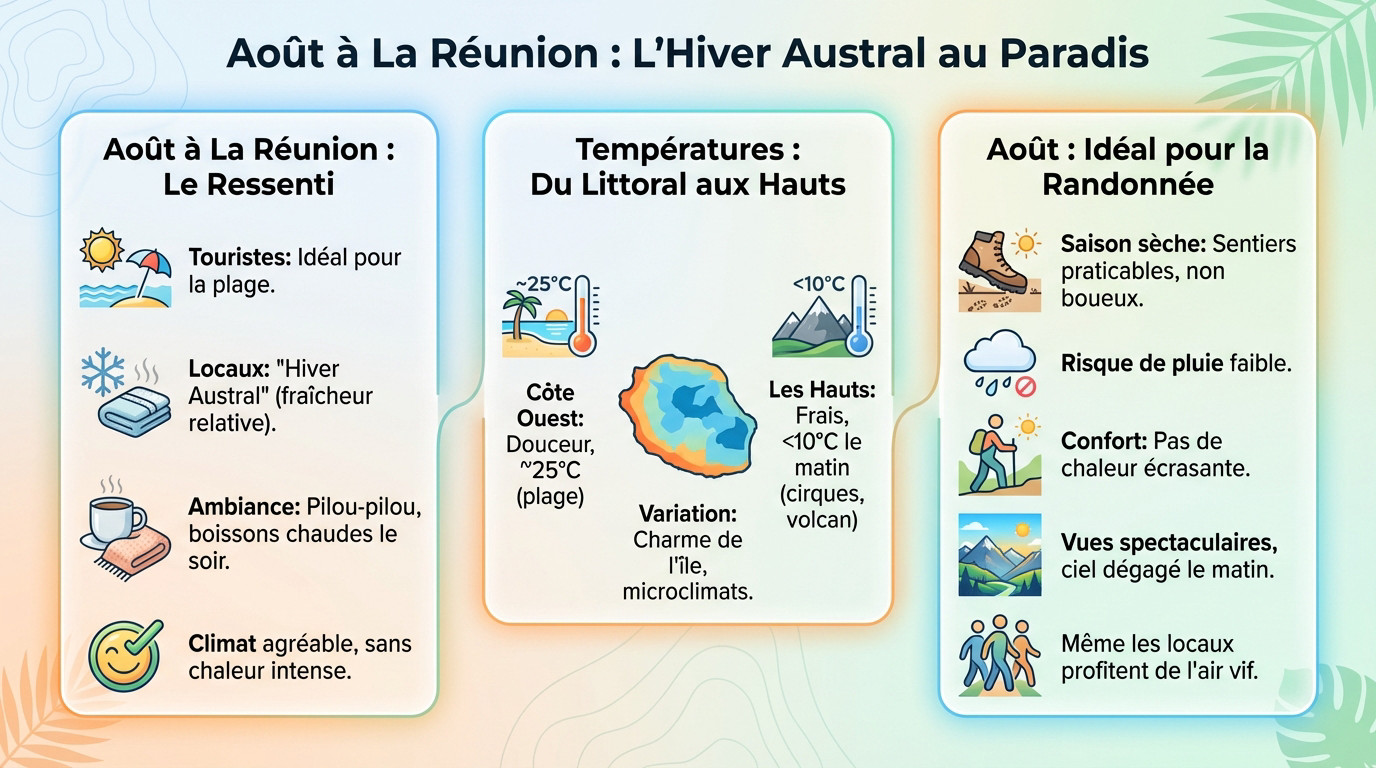 Paysage ensoleillé de la Réunion en hiver austral, idéal pour les vacances en août