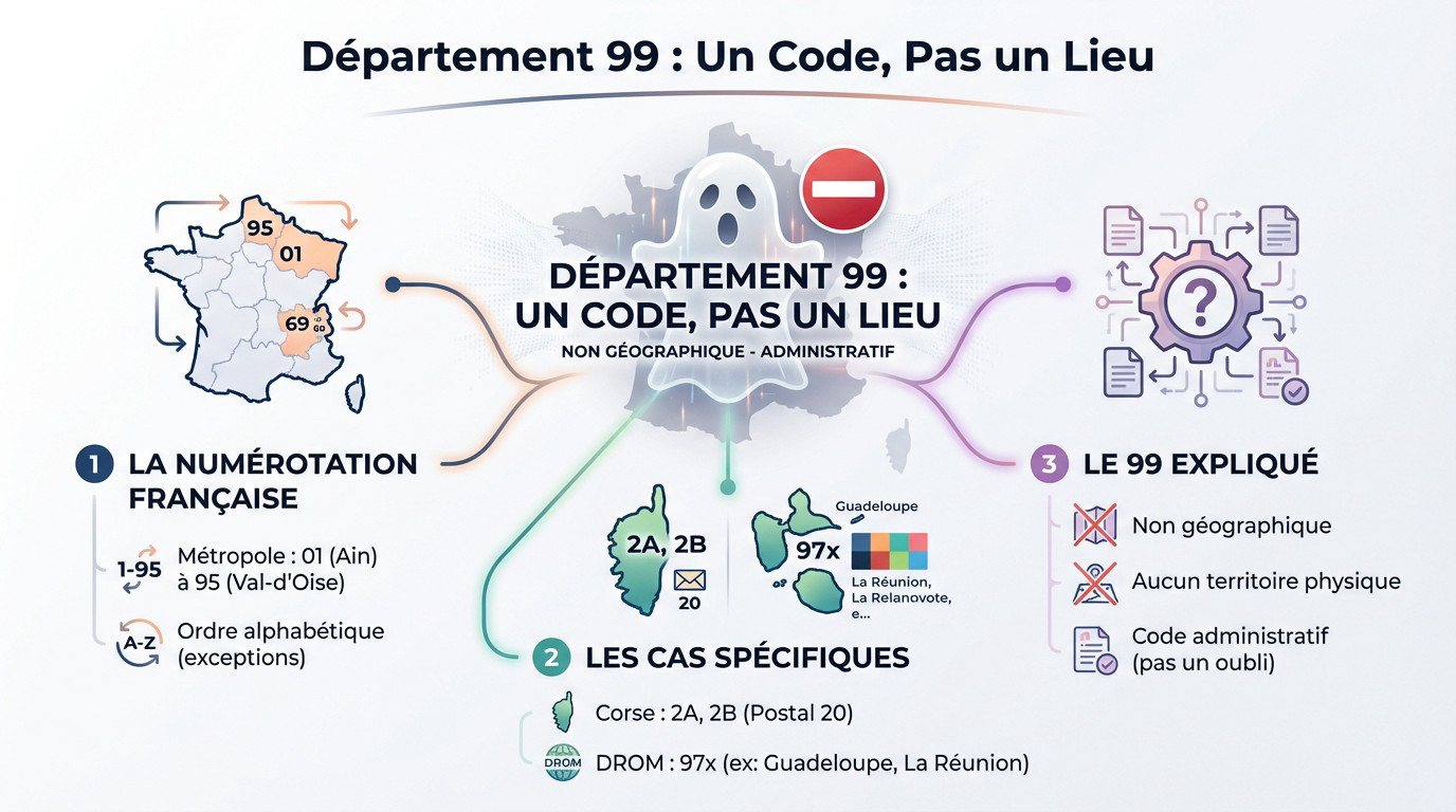 Carte de France conceptuelle montrant que le département 99 <strong>n’existe pas géographiquement</strong>“>
</p>
<p>Non, vous ne poserez jamais vos valises dans le département 99 pour la simple raison qu’il n’existe pas géographiquement. Ce code postal n’est valide pour aucune commune française et ne correspond à aucune réalité physique sur le territoire.</p>
<h3>La <strong>numérotation des départements</strong> : une logique bien huilée</h3>
<p>La France métropolitaine se découpe méthodiquement de 01 (Ain) à 95 (Val-d’Oise). Cette suite respecte globalement l’ordre alphabétique, malgré quelques ajustements liés à l’histoire. C’est le socle de la numérotation des départements. Rien de bien sorcier ici.</p>
<p>Des exceptions existent, comme la Corse (2A, 2B) qui utilise le préfixe postal 20. On trouve aussi les codes débutant par 97 pour l’Outre-mer. Pensez aux <a href=