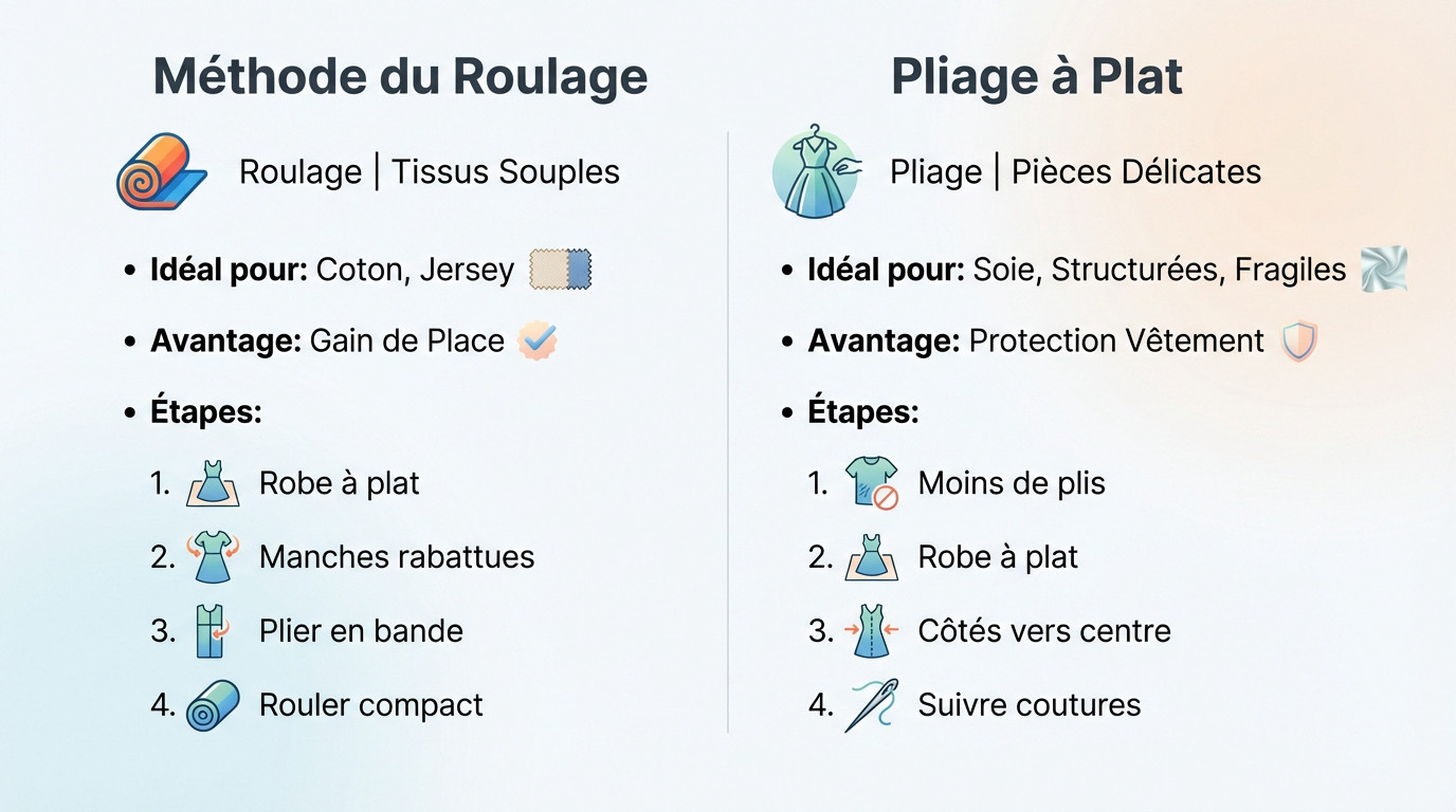 Guide visuel comparant le roulage et le pliage à plat pour ranger une robe