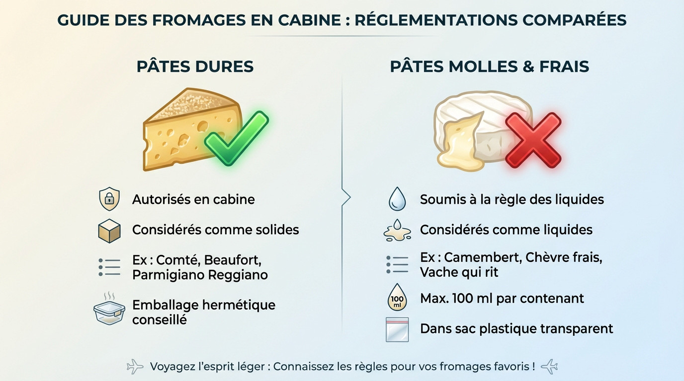 Guide comparatif des réglementations pour transporter des fromages durs et mous en cabine d'avion