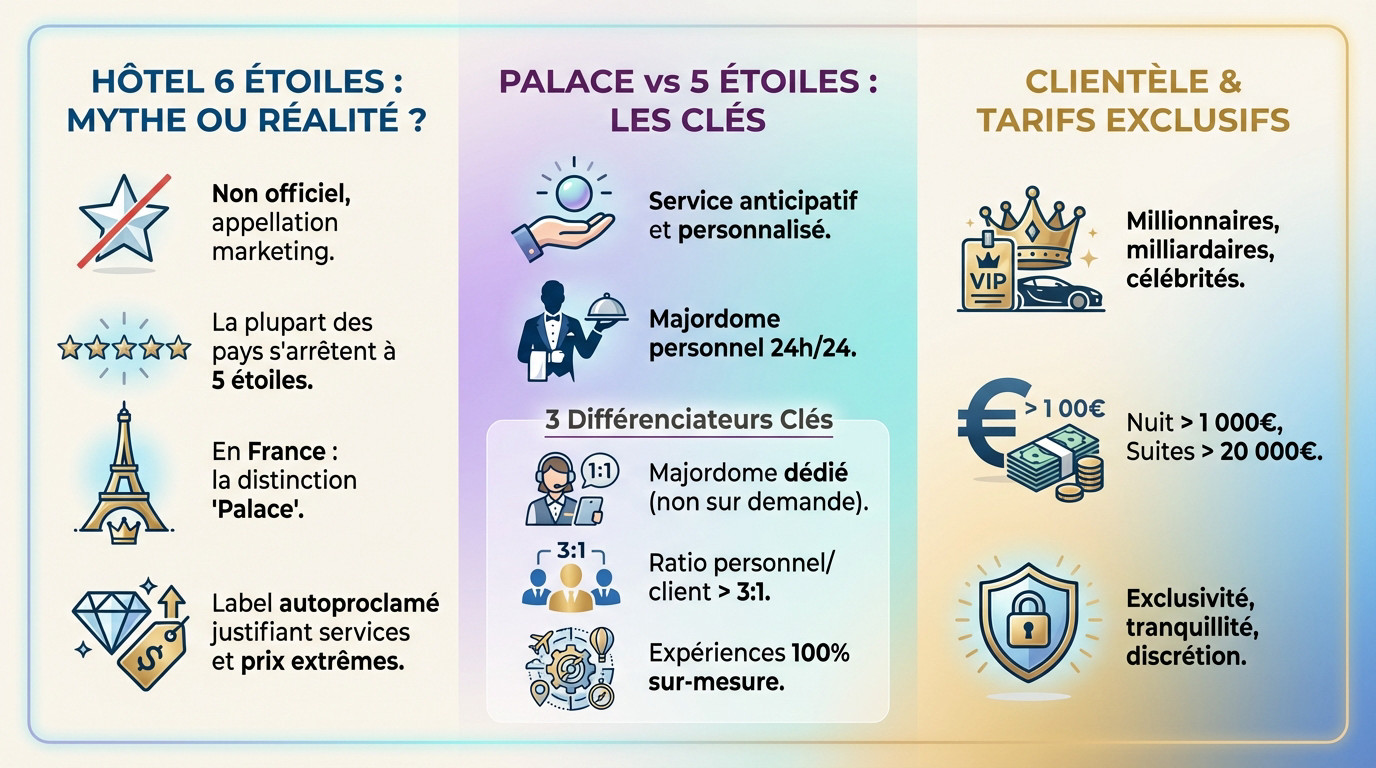 Comparaison entre un hôtel 5 étoiles standard et un établissement de luxe type palace ou 6 étoiles