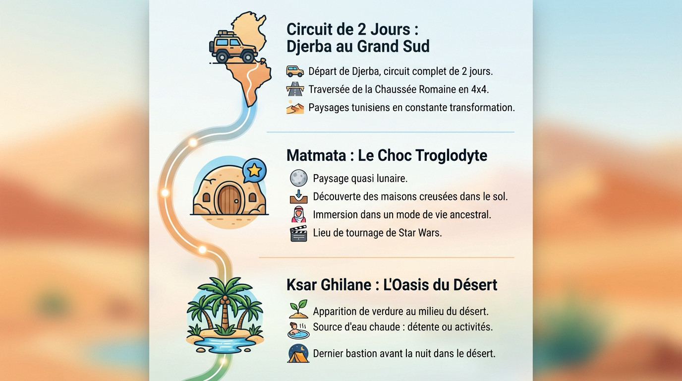 Carte illustrée de l'itinéraire de 2 jours dans le sud tunisien depuis Djerba