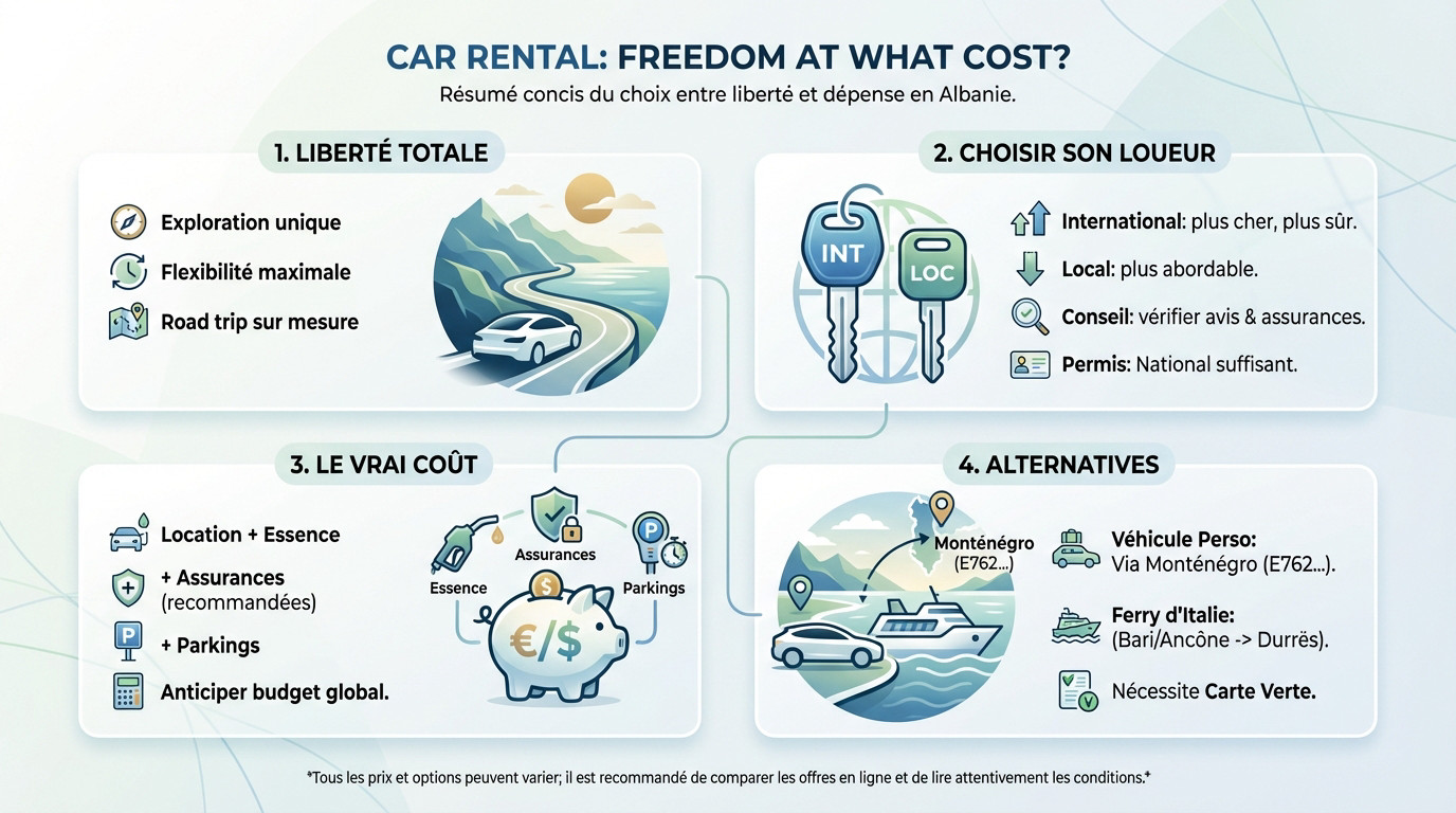 Voyageur profitant de la liberté d'une voiture de location sur une route côtière en Albanie