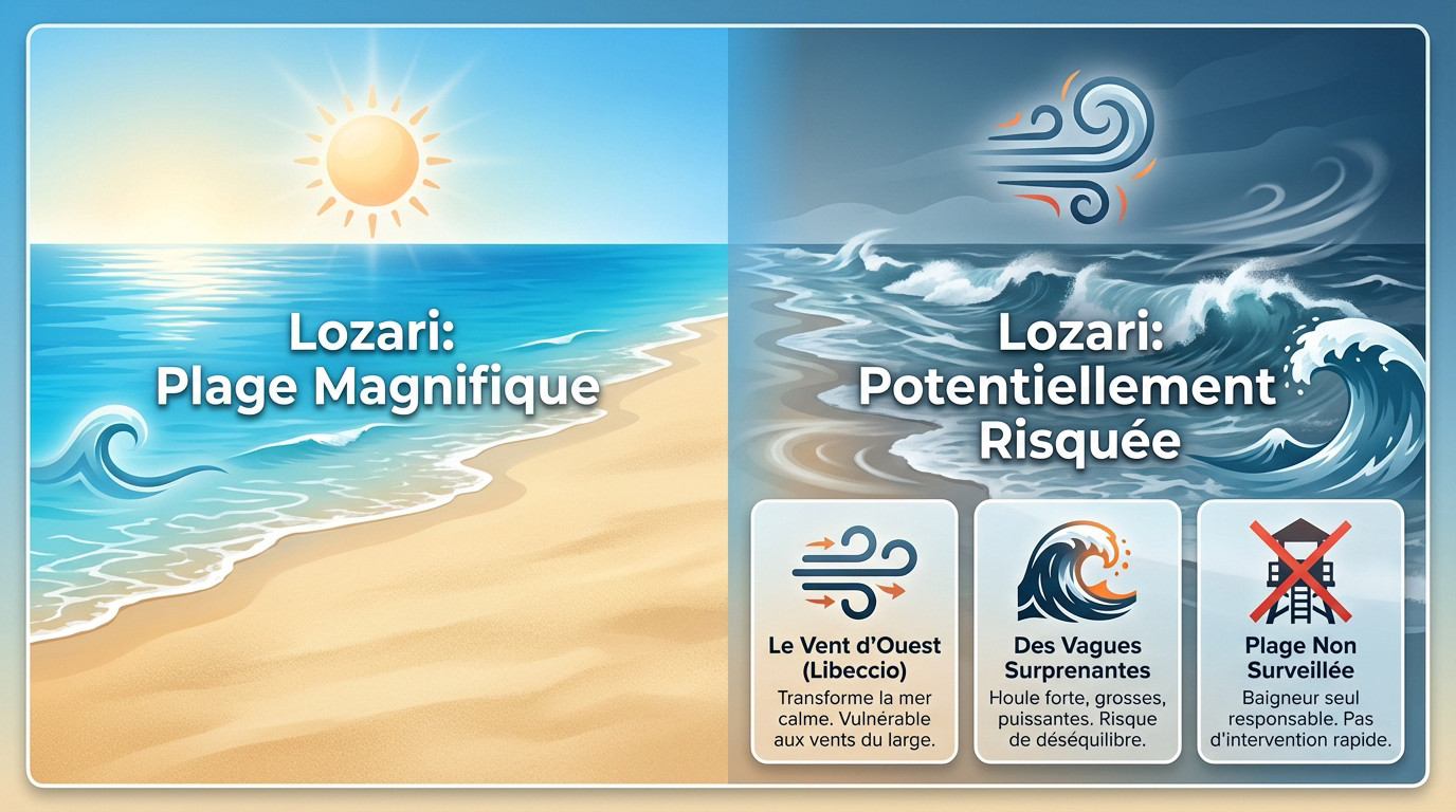 Contraste saisissant entre le calme habituel de la plage de Lozari et la mer agitée par vent d'ouest