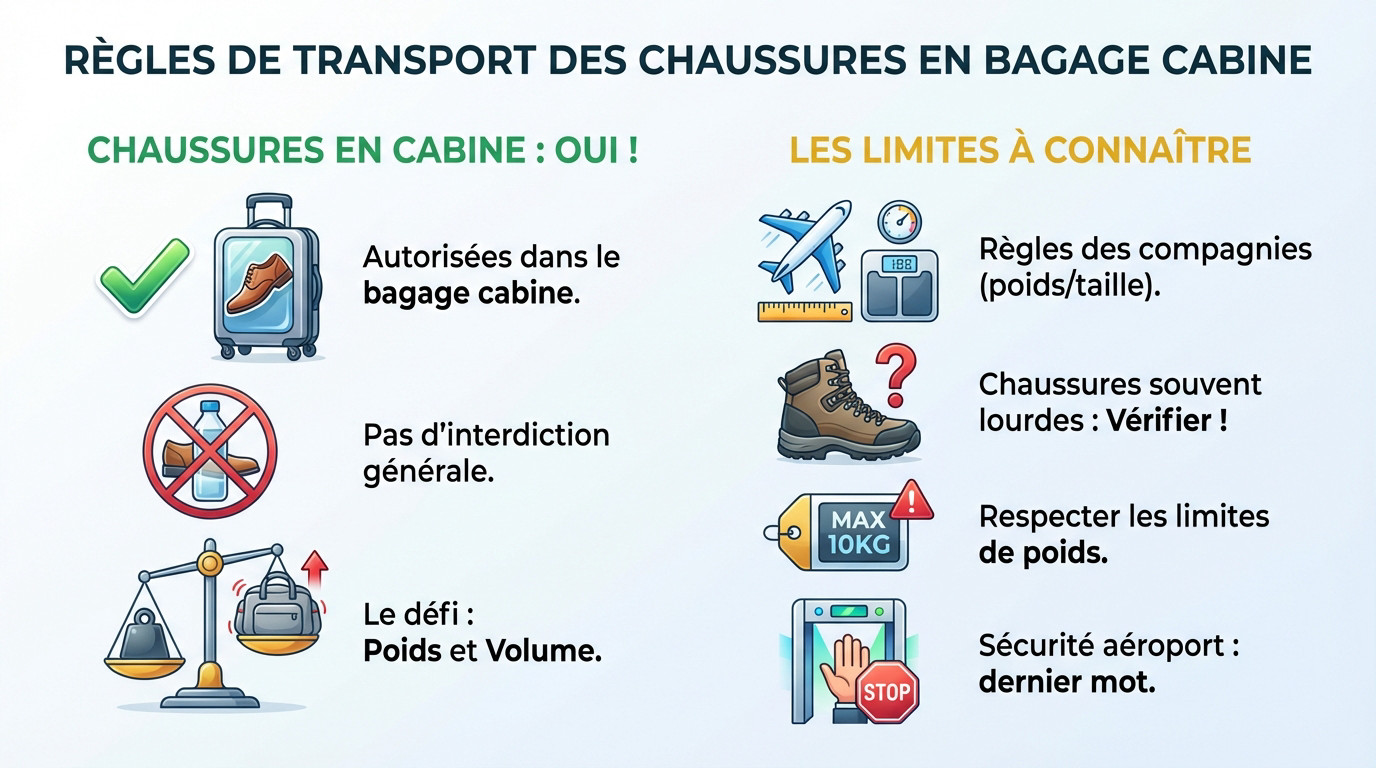 Paire de chaussures rangée dans une valise cabine ouverte prête pour le voyage