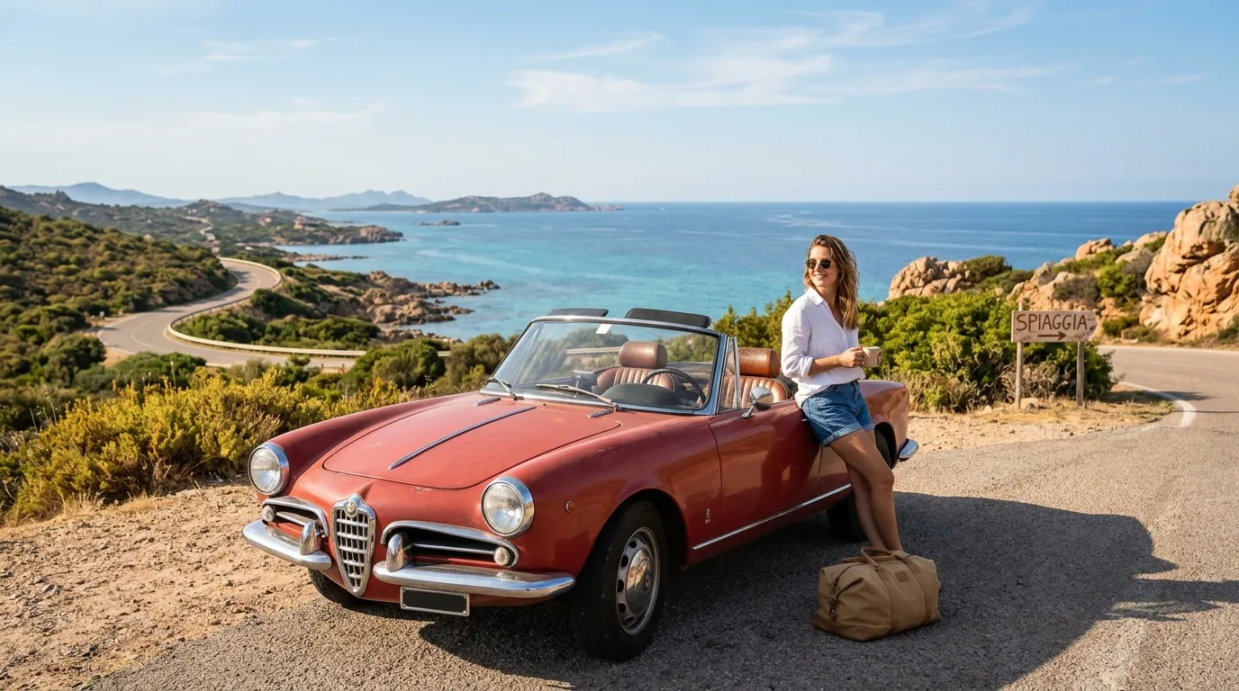Femme posant devant cabriolet rouge avec vue côtière méditerranéenne