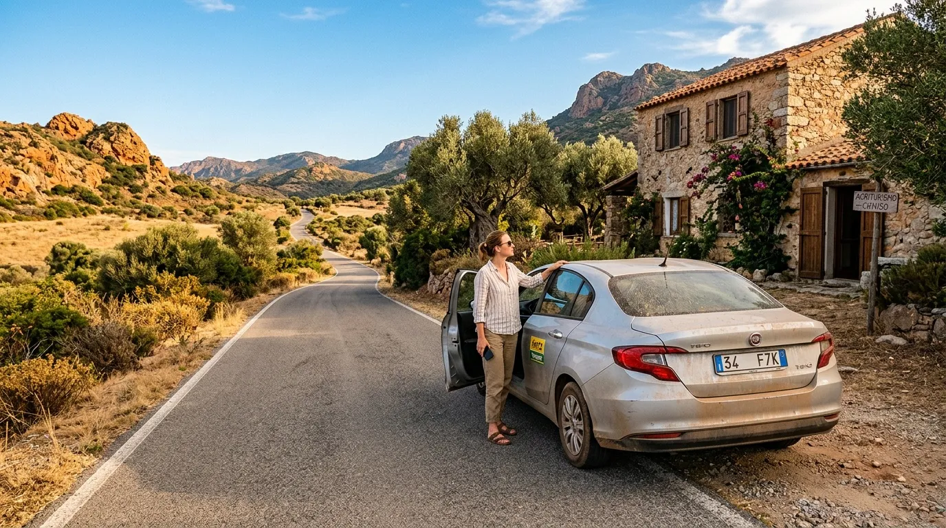 Femme devant voiture de location en Sardaigne rurale